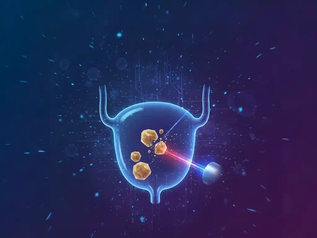 ilustrativa sobre el tratamiento de la litiasis vesical con láser, mostrando el procedimiento y el equipo médico utilizado