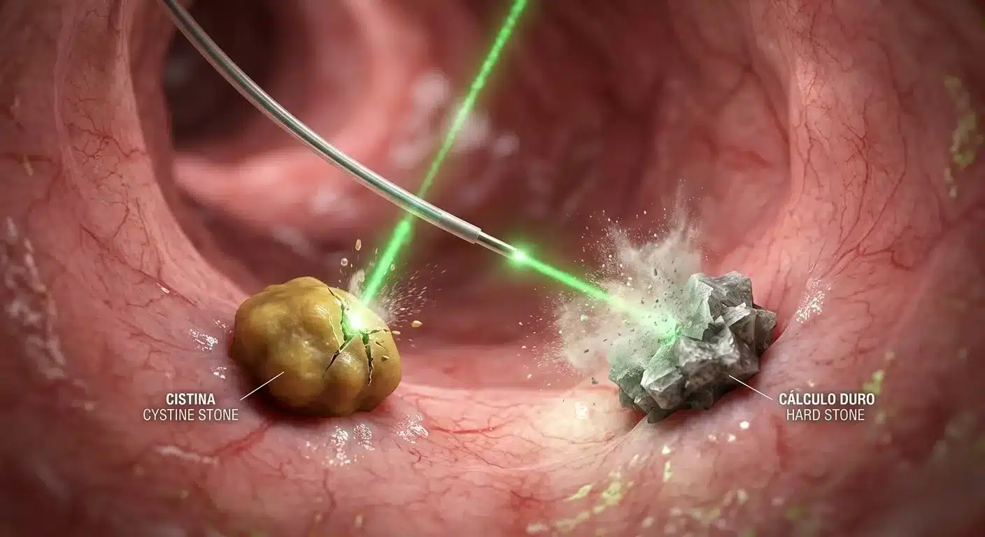 Visualización médica fotorrealista macro endoscópica del interior del uréter humano, mostrando una sonda de fibra óptica láser Holmium:YAG fragmentando dos tipos de cálculos renales etiquetados: un cálculo de cistina y un cálculo duro. El láser provoca chispas de plasma y pulveriza los cálculos en polvo, ilustrando la litotricia láser avanzada disponible en Costa Rica.