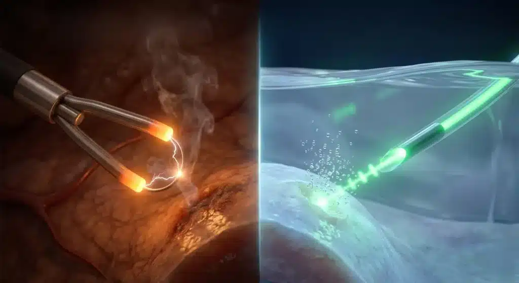 Ilustración médica comparativa en pantalla dividida: a la izquierda, la cirugía tradicional RTUP usando un asa eléctrica caliente con humo; a la derecha, las ventajas del láser de holmio de alta potencia usando luz verde precisa y limpia en un medio líquido. Una comparativa de tratamientos para la próstata en Costa Rica.