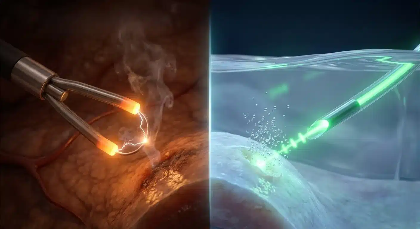 Ilustración médica comparativa en pantalla dividida: a la izquierda, la cirugía tradicional RTUP usando un asa eléctrica caliente con humo; a la derecha, las ventajas del láser de holmio de alta potencia usando luz verde precisa y limpia en un medio líquido. Una comparativa de tratamientos para la próstata en Costa Rica.