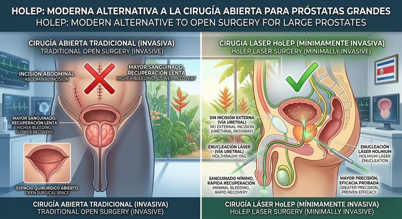 Comparación de la recuperación posoperatoria entre la cirugía abierta tradicional y la cirugía láser HoLEP para próstatas de gran tamaño. A la izquierda, un paciente en reposo con una venda abdominal visible. A la derecha, un paciente feliz, tomando té y leyendo, demostrando la rápida recuperación sin cicatrices de la técnica HoLEP mínimamente invasiva. Especialistas en urología en Costa Rica