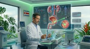 Urólogo especialista en Costa Rica analizando tecnología láser HoLEP de última generación en una consola digital moderna. La imagen ilustra la precisión y el acceso a equipos médicos de vanguardia mediante el modelo de renta para clínicas urológicas, eliminando costos de mantenimiento y obsolescencia.