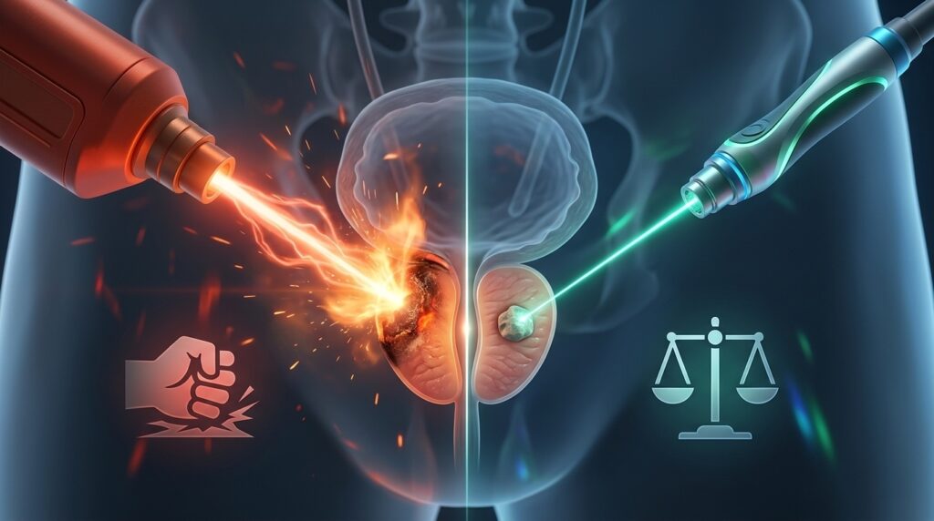 Especialista en urología en Costa Rica comparando la potencia y precisión de diferentes equipos láser urológicos. La imagen ilustra el mito de que mayor potencia siempre significa mejores resultados, destacando la importancia de la técnica y la tecnología avanzada en tratamientos de próstata y cálculos.