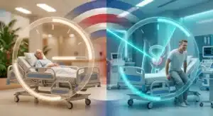 Render 3D fotorrealista de un entorno clínico moderno y eficiente. Ilustración del impacto positivo de la tecnología láser urológica en la reducción de la estancia hospitalaria media, mejorando el 'bed turnover' y la gestión de camas en centros médicos y hospitales de Costa Rica