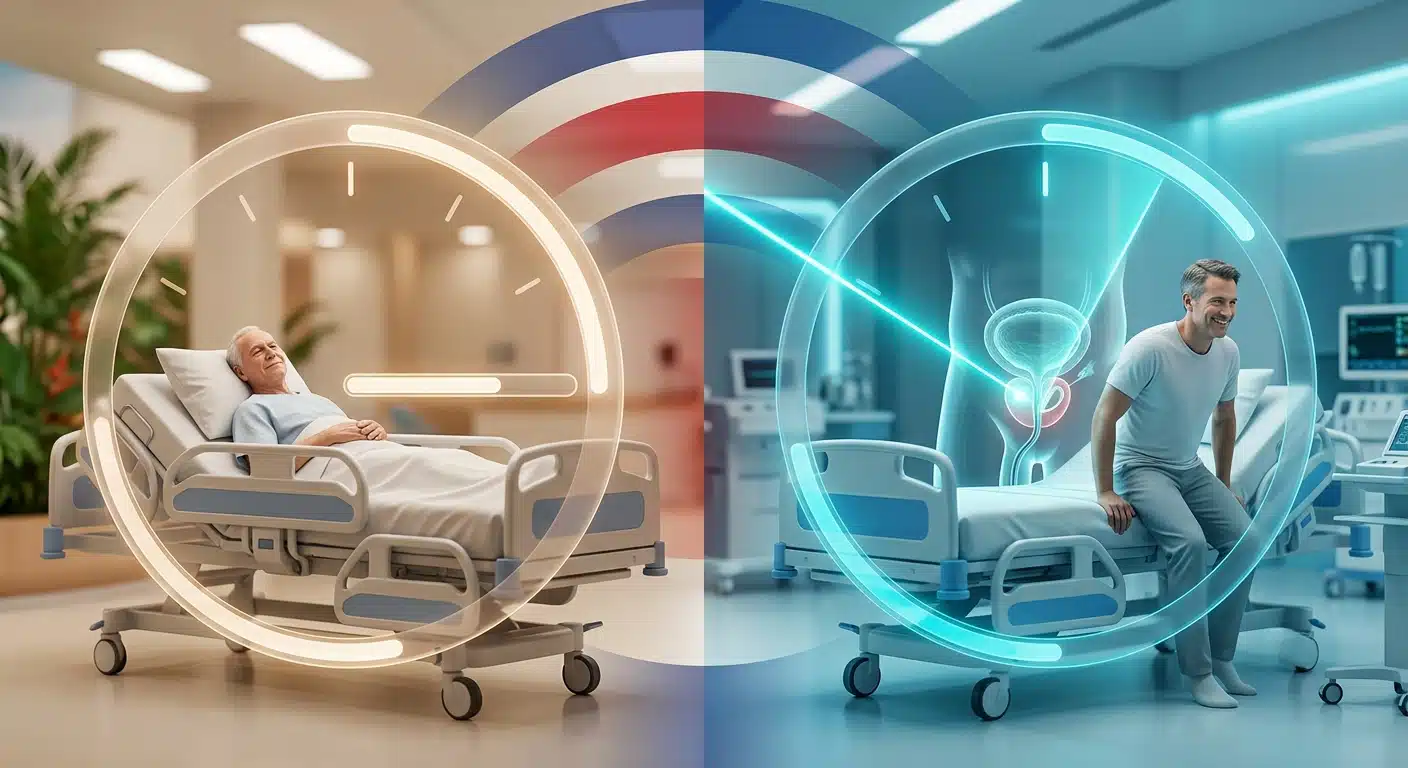 Render 3D fotorrealista de un entorno clínico moderno y eficiente. Ilustración del impacto positivo de la tecnología láser urológica en la reducción de la estancia hospitalaria media, mejorando el 'bed turnover' y la gestión de camas en centros médicos y hospitales de Costa Rica