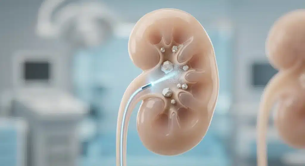 Ilustración médica fotorrealista que muestra el uso de tecnología láser de alta precisión para el tratamiento de cálculos renales. Guía para pacientes en Costa Rica sobre cómo identificar si su centro médico cuenta con los equipos más avanzados para asegurar una recuperación rápida, mínimamente invasiva y con los mejores resultados clínicos.