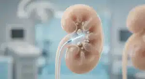 Ilustración médica fotorrealista que muestra el uso de tecnología láser de alta precisión para el tratamiento de cálculos renales. Guía para pacientes en Costa Rica sobre cómo identificar si su centro médico cuenta con los equipos más avanzados para asegurar una recuperación rápida, mínimamente invasiva y con los mejores resultados clínicos.